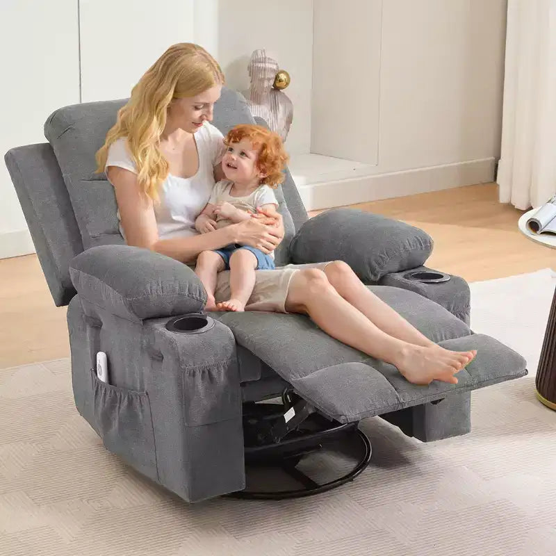 Swivel Rocker Recliner Chair with Massage & Heat, 360 Glider with Cup Holders & Side Pockets, Ergonomic Lounge Sofa for Living Room, RV, Nursery