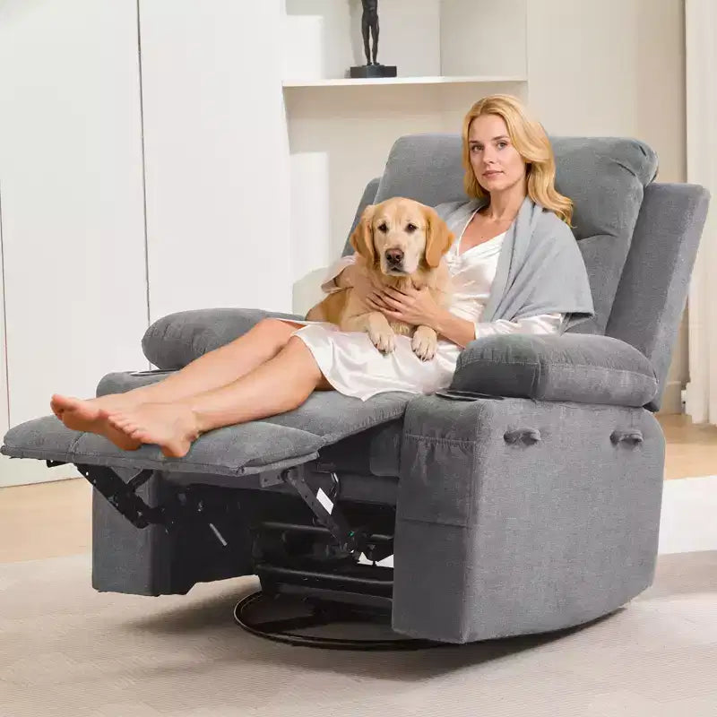 Swivel Rocker Recliner Chair with Massage & Heat, 360 Glider with Cup Holders & Side Pockets, Ergonomic Lounge Sofa for Living Room, RV, Nursery