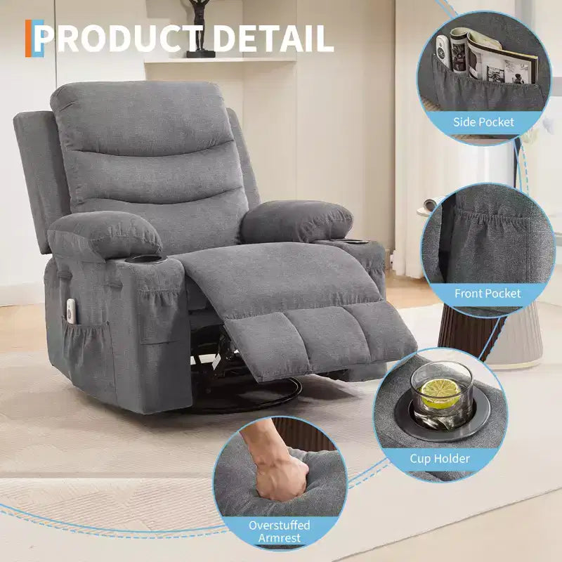 Swivel Rocker Recliner Chair with Massage & Heat, 360 Glider with Cup Holders & Side Pockets, Ergonomic Lounge Sofa for Living Room, RV, Nursery