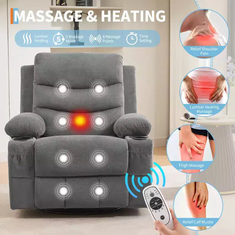 Swivel Rocker Recliner Chair with Massage & Heat, 360 Glider with Cup Holders & Side Pockets, Ergonomic Lounge Sofa for Living Room, RV, Nursery