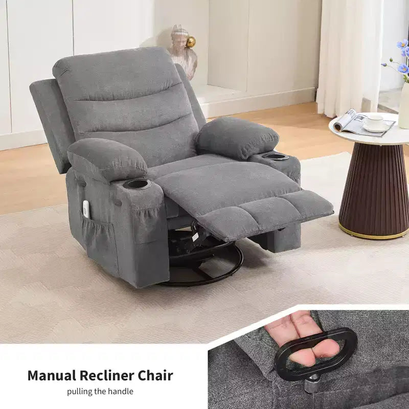 Swivel Rocker Recliner Chair with Massage & Heat, 360 Glider with Cup Holders & Side Pockets, Ergonomic Lounge Sofa for Living Room, RV, Nursery