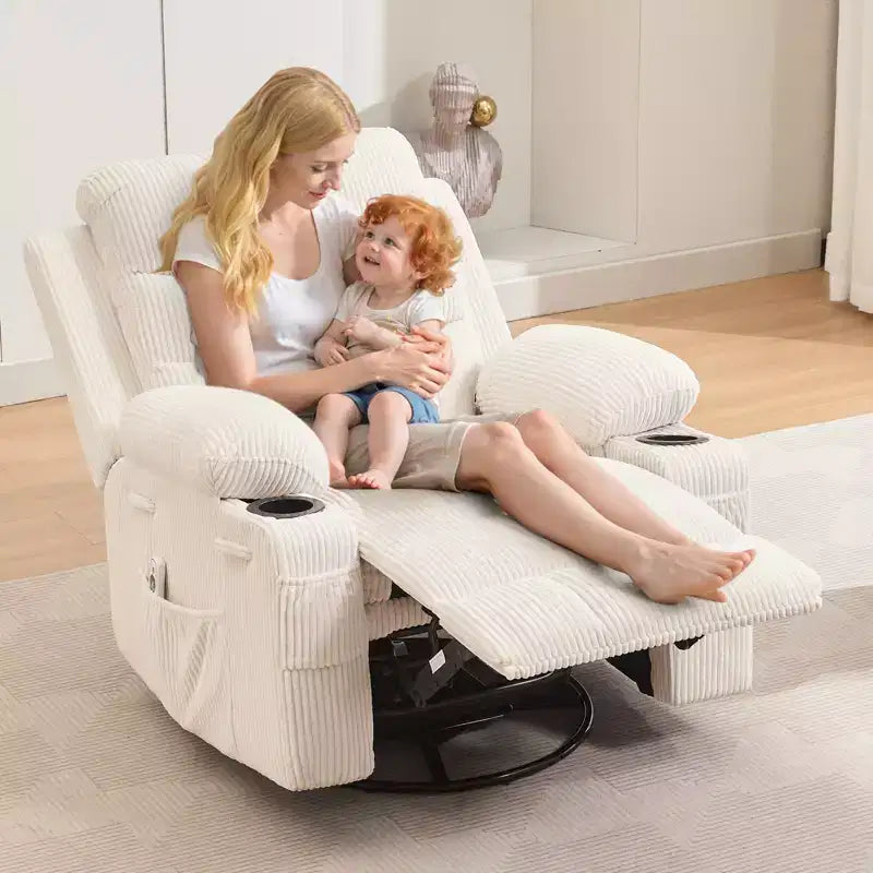 Swivel Rocker Recliner Chair with Massage & Heat, 360 Glider with Cup Holders & Side Pockets, Ergonomic Lounge Sofa for Living Room, RV, Nursery