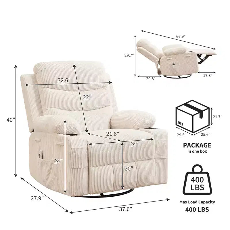 Swivel Rocker Recliner Chair with Massage & Heat, 360 Glider with Cup Holders & Side Pockets, Ergonomic Lounge Sofa for Living Room, RV, Nursery
