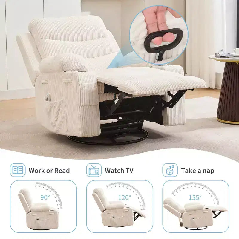 Swivel Rocker Recliner Chair with Massage & Heat, 360 Glider with Cup Holders & Side Pockets, Ergonomic Lounge Sofa for Living Room, RV, Nursery