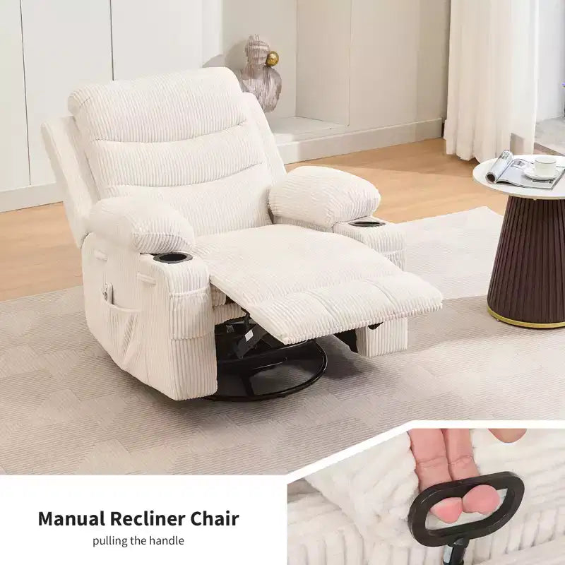 Swivel Rocker Recliner Chair with Massage & Heat, 360 Glider with Cup Holders & Side Pockets, Ergonomic Lounge Sofa for Living Room, RV, Nursery