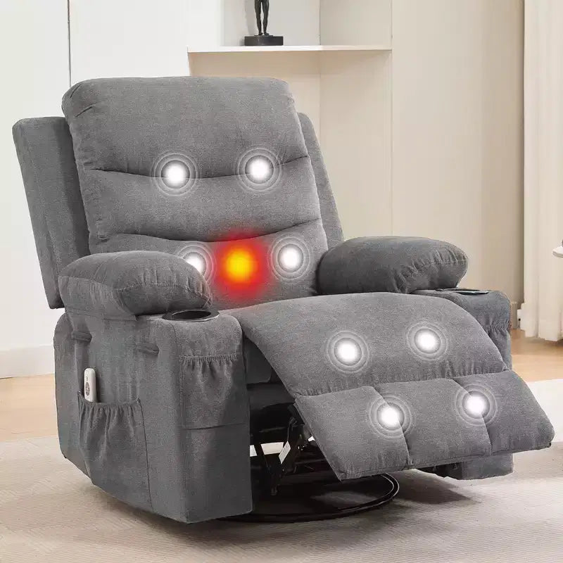 Sillón Reclinable Giratorio con Masaje y Calor, Planeador 360 con Portavasos y Bolsillos Laterales, Sofá Ergonómico para Sala de Estar, RV, Guardería