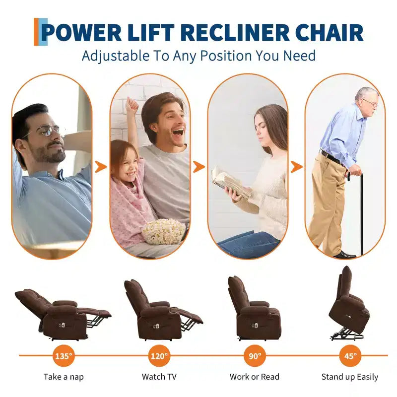 Power Lift Recliner Chair, Electric Massage & Heat Recliner with 45 Assist Stand, with Soft Padded Upholstery, Side Pocket & Cup Holders