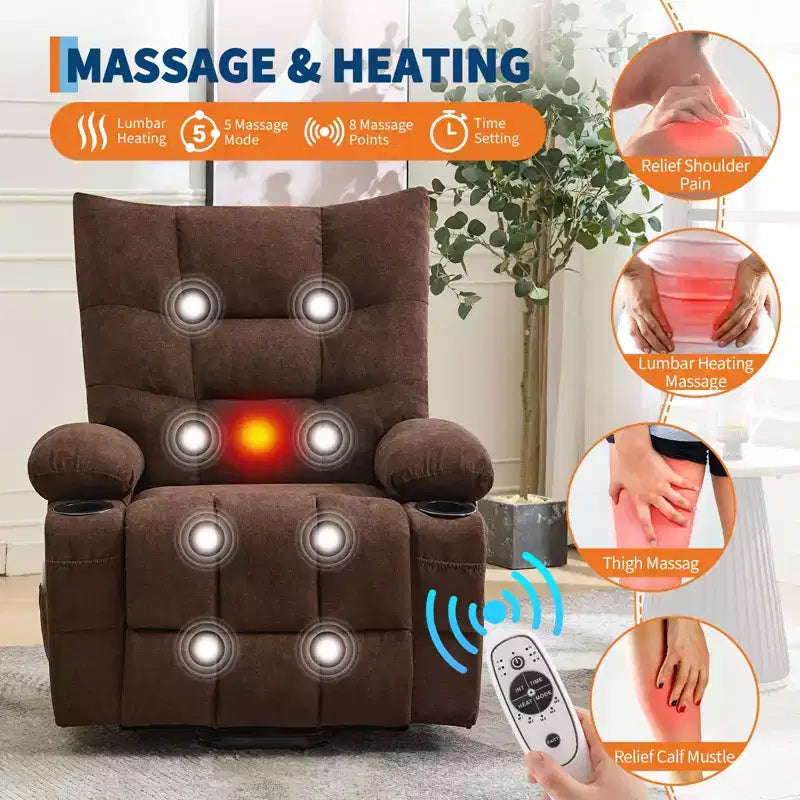 Power Lift Recliner Chair, Electric Massage & Heat Recliner with 45 Assist Stand, with Soft Padded Upholstery, Side Pocket & Cup Holders