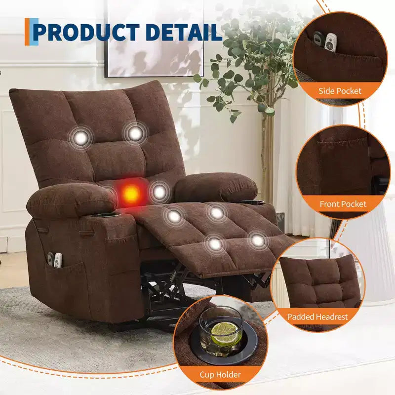 Power Lift Recliner Chair, Electric Massage & Heat Recliner with 45 Assist Stand, with Soft Padded Upholstery, Side Pocket & Cup Holders