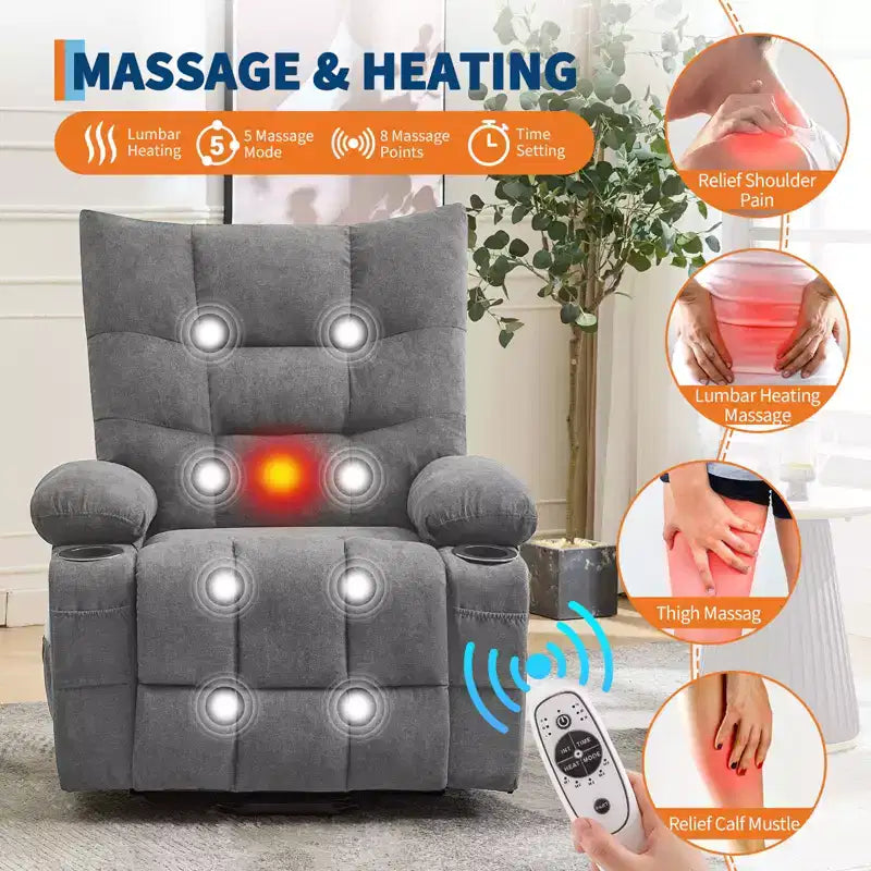 Power Lift Recliner Chair, Electric Massage & Heat Recliner with 45 Assist Stand, with Soft Padded Upholstery, Side Pocket & Cup Holders
