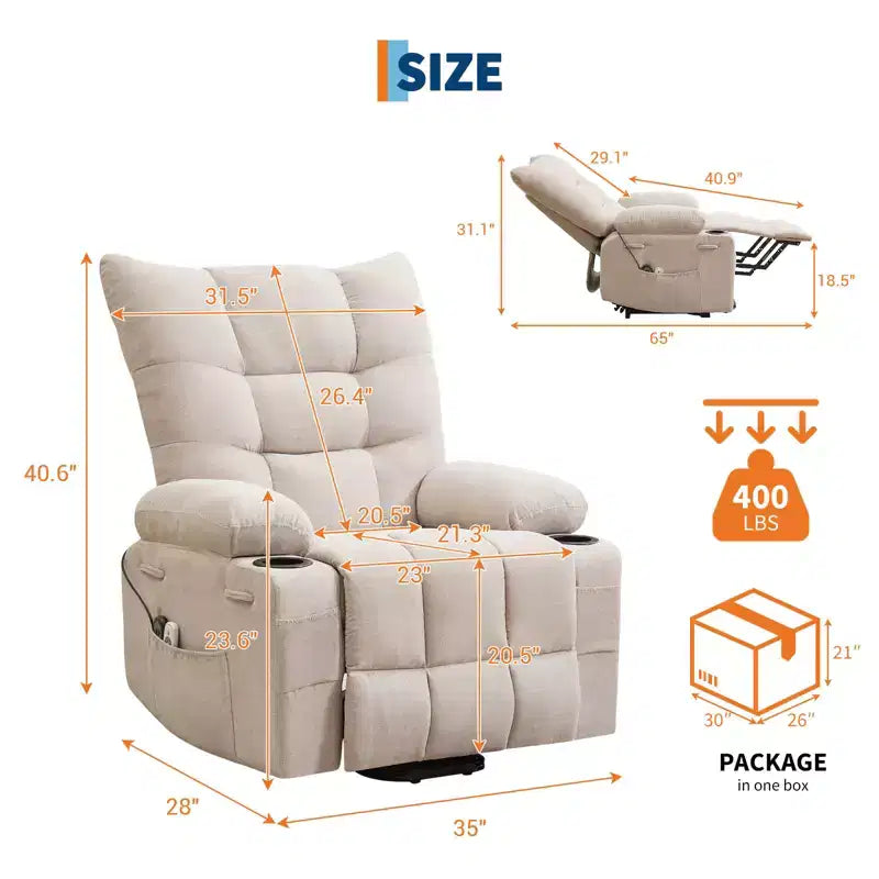 Power Lift Recliner Chair, Electric Massage & Heat Recliner with 45 Assist Stand, with Soft Padded Upholstery, Side Pocket & Cup Holders