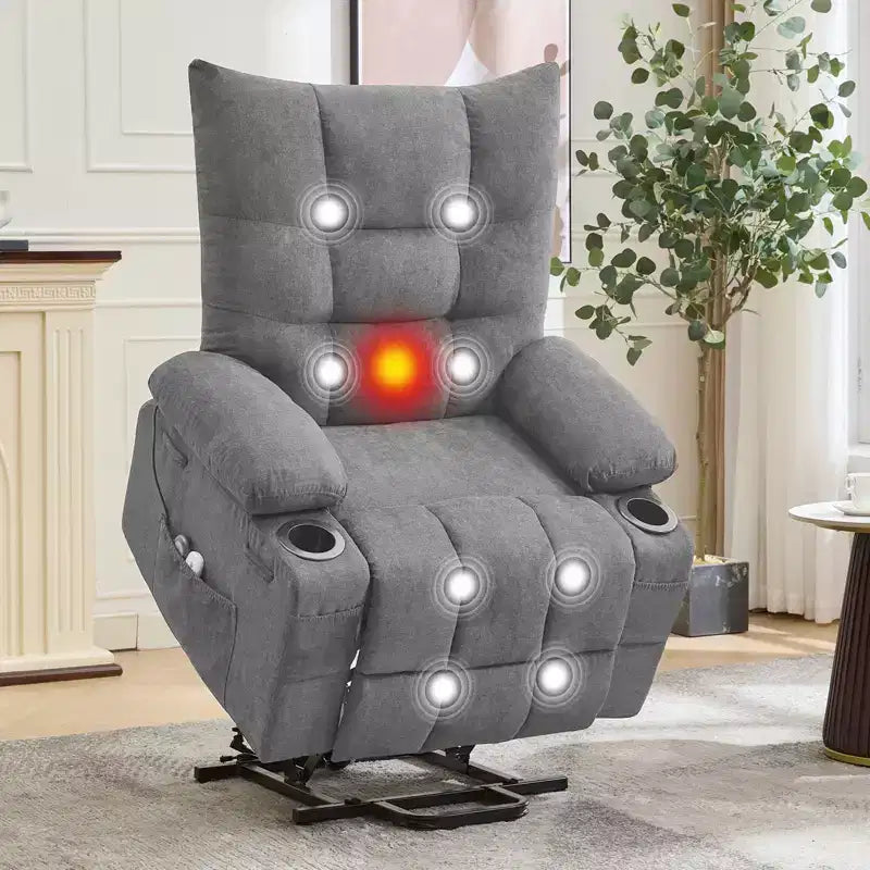 Sillón reclinable eléctrico Power Lift, sillón reclinable con masaje eléctrico y calor con asistencia de 45°, con tapicería suave acolchada, bolsillo lateral y portavasos