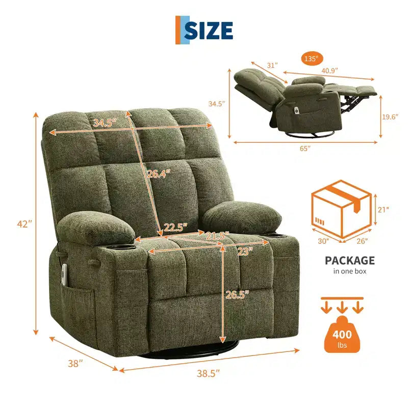 Rocking Recliner Chair with Heat, Swivel Rocker Recliner with Massage, Side Pockets & Cup Holders, Reclining Sofa for Living Room, Bedroom