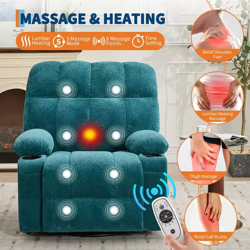 Rocking Recliner Chair with Heat, Swivel Rocker Recliner with Massage, Side Pockets & Cup Holders, Reclining Sofa for Living Room, Bedroom