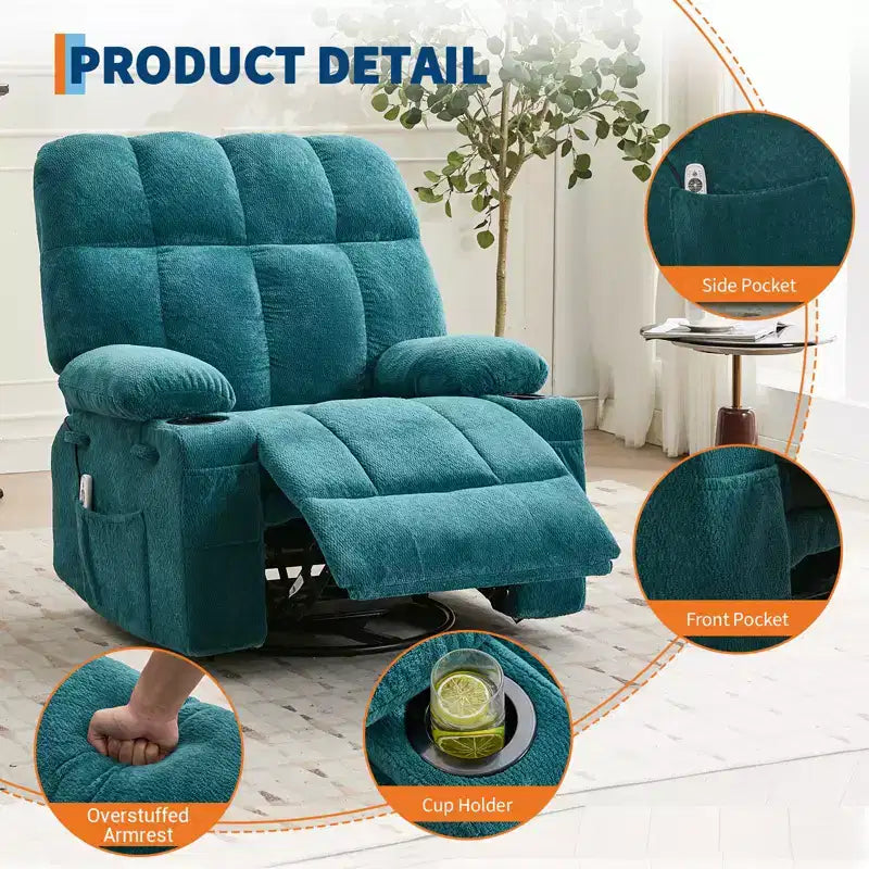 Rocking Recliner Chair with Heat, Swivel Rocker Recliner with Massage, Side Pockets & Cup Holders, Reclining Sofa for Living Room, Bedroom