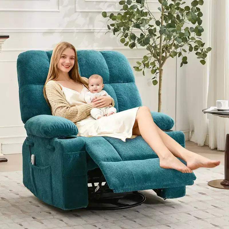Rocking Recliner Chair with Heat, Swivel Rocker Recliner with Massage, Side Pockets & Cup Holders, Reclining Sofa for Living Room, Bedroom