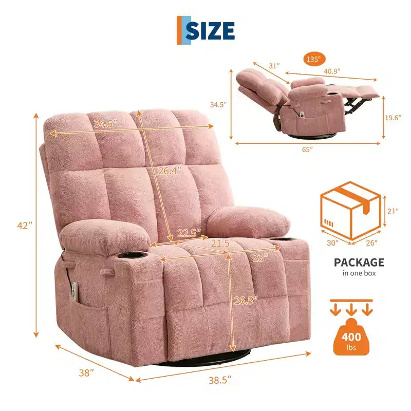 Rocking Recliner Chair with Heat, Swivel Rocker Recliner with Massage, Side Pockets & Cup Holders, Reclining Sofa for Living Room, Bedroom