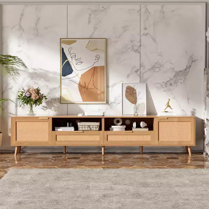 Mueble de TV de ratán para televisores de hasta 90", consola multimedia estilo bohemio rústico con armarios de almacenamiento