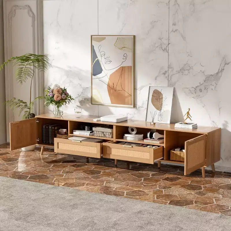 Mueble de TV de ratán para televisores de hasta 90", consola multimedia estilo bohemio rústico con armarios de almacenamiento