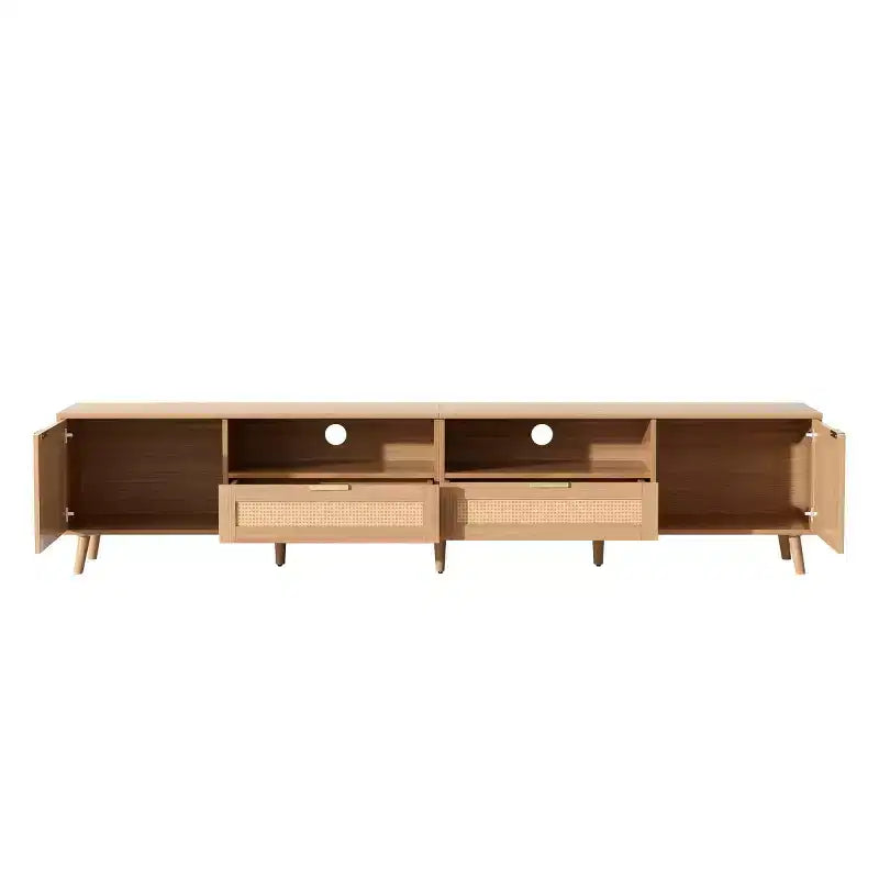 Mueble de TV de ratán para televisores de hasta 90", consola multimedia estilo bohemio rústico con armarios de almacenamiento