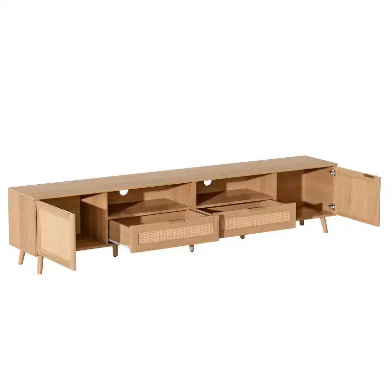 Mueble de TV de ratán para televisores de hasta 90", consola multimedia estilo bohemio rústico con armarios de almacenamiento