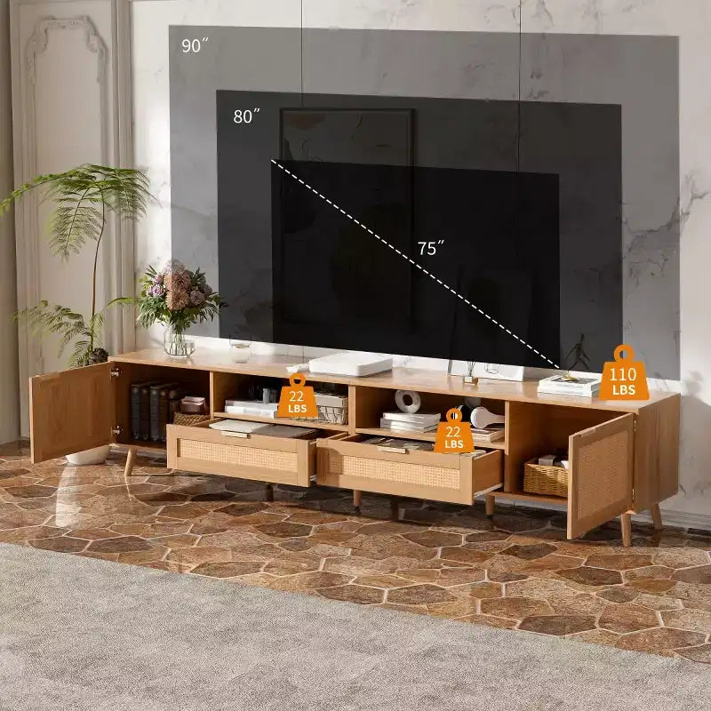Mueble de TV de ratán para televisores de hasta 90", consola multimedia estilo bohemio rústico con armarios de almacenamiento