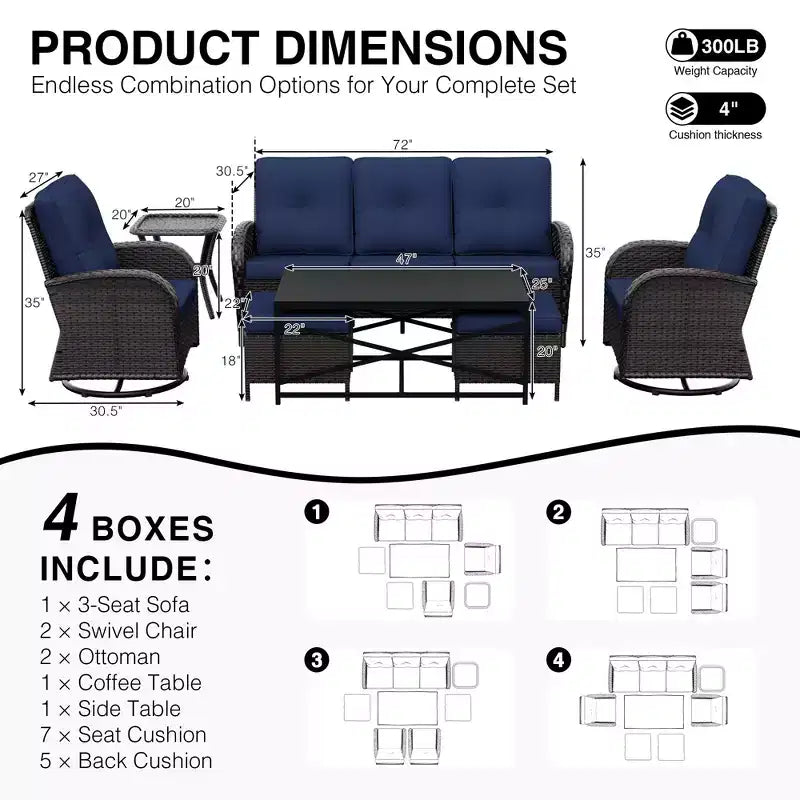 Conjunto de patio exterior de 7 piezas UPTIOT con sofá de 3 asientos, dos sillones giratorios, otomanas, mesa de centro y mesas auxiliares
