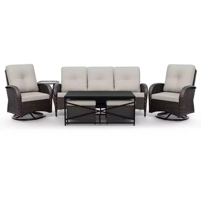 Conjunto de patio exterior de 7 piezas UPTIOT con sofá de 3 asientos, dos sillones giratorios, otomanas, mesa de centro y mesas auxiliares