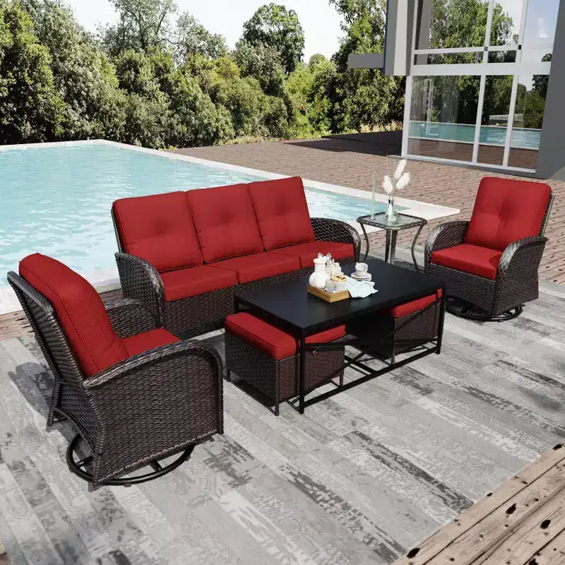 Conjunto de patio exterior de 7 piezas UPTIOT con sofá de 3 asientos, dos sillones giratorios, otomanas, mesa de centro y mesas auxiliares