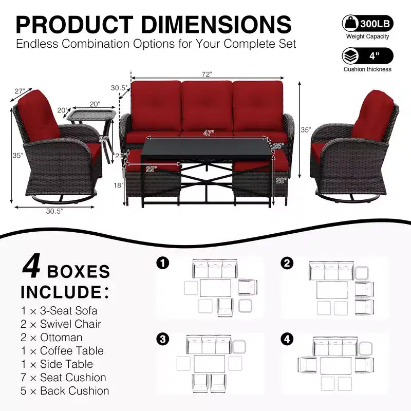 Conjunto de patio exterior de 7 piezas UPTIOT con sofá de 3 asientos, dos sillones giratorios, otomanas, mesa de centro y mesas auxiliares