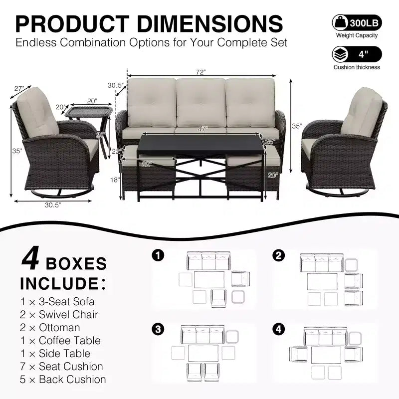 Conjunto de patio exterior de 7 piezas UPTIOT con sofá de 3 asientos, dos sillones giratorios, otomanas, mesa de centro y mesas auxiliares