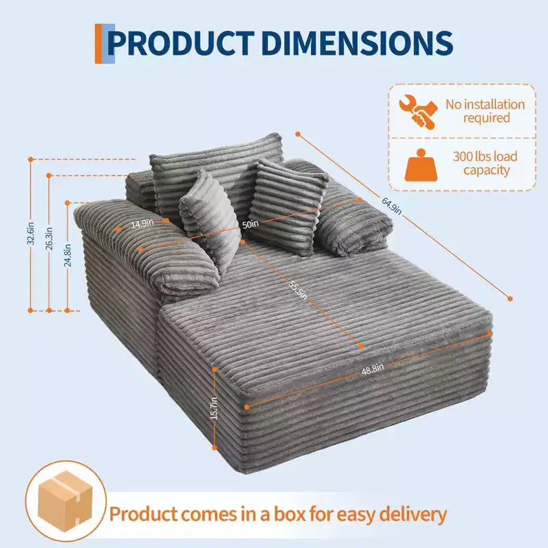 48.8 Oversized Chaise Lounge Chair Sofa Bed - Corduroy Upholstered Boneless Sofa with Pillows & Wide Armrest for Living Room Bedroom