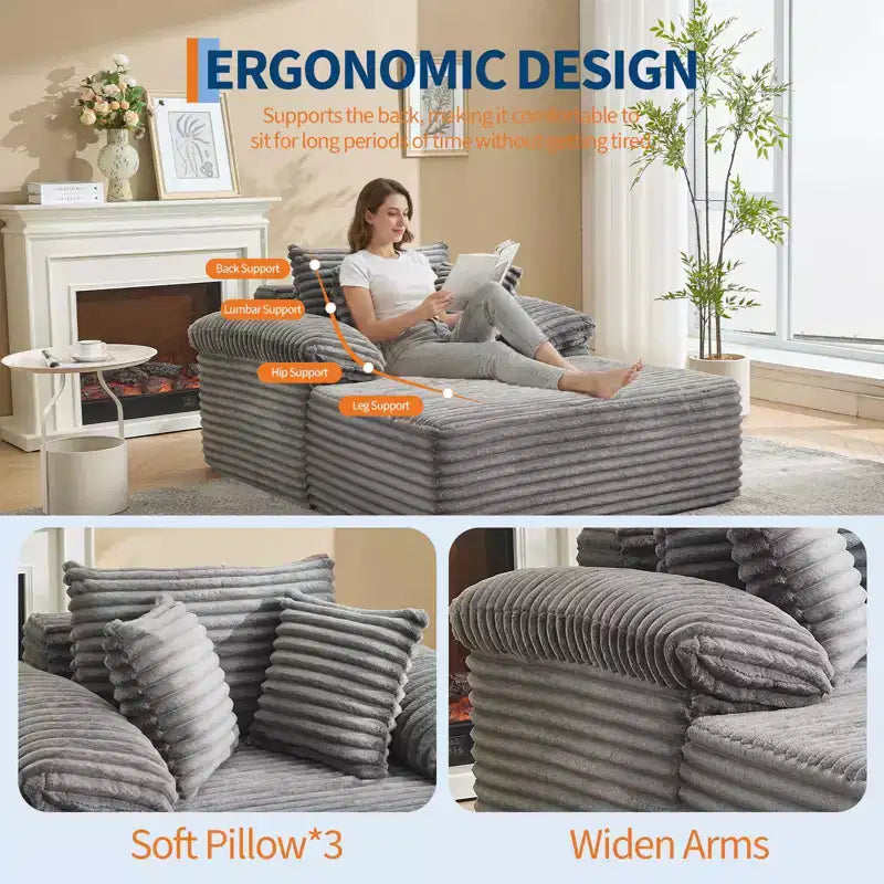 48.8 Oversized Chaise Lounge Chair Sofa Bed - Corduroy Upholstered Boneless Sofa with Pillows & Wide Armrest for Living Room Bedroom