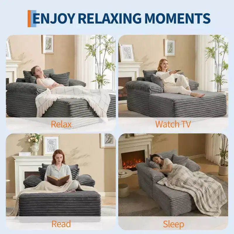 48.8 Oversized Chaise Lounge Chair Sofa Bed - Corduroy Upholstered Boneless Sofa with Pillows & Wide Armrest for Living Room Bedroom