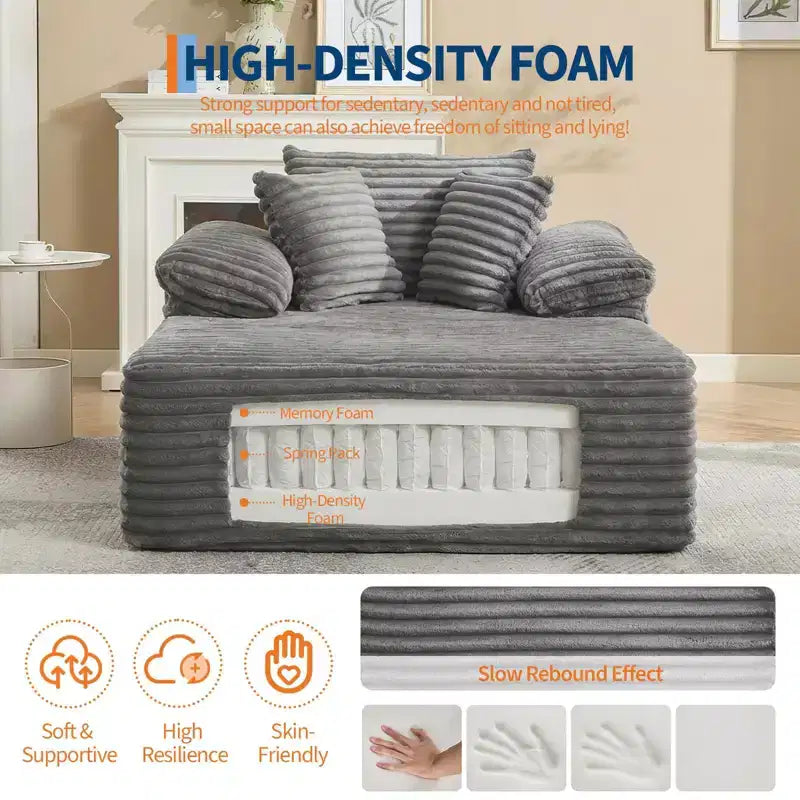 48.8 Oversized Chaise Lounge Chair Sofa Bed - Corduroy Upholstered Boneless Sofa with Pillows & Wide Armrest for Living Room Bedroom