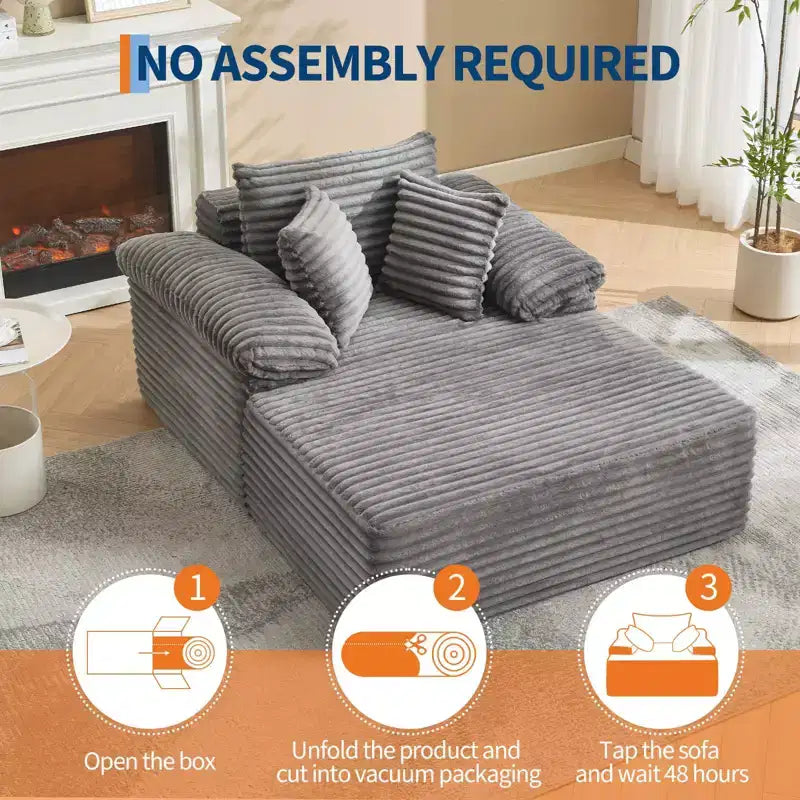 48.8 Oversized Chaise Lounge Chair Sofa Bed - Corduroy Upholstered Boneless Sofa with Pillows & Wide Armrest for Living Room Bedroom