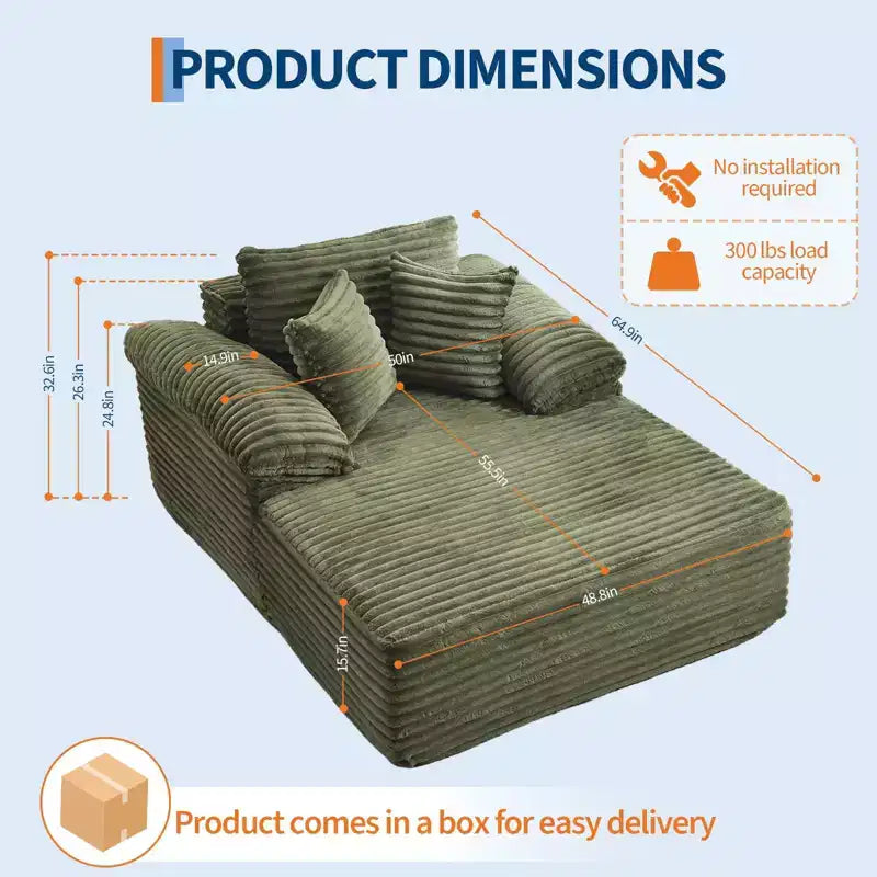 48.8 Oversized Chaise Lounge Chair Sofa Bed - Corduroy Upholstered Boneless Sofa with Pillows & Wide Armrest for Living Room Bedroom