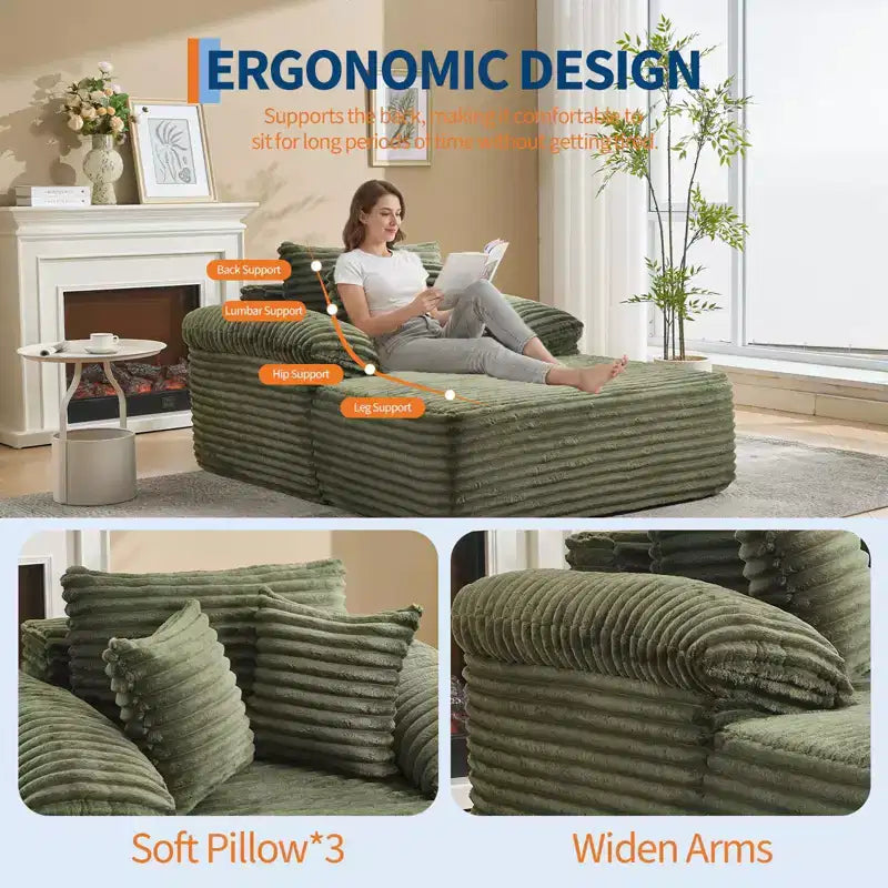48.8 Oversized Chaise Lounge Chair Sofa Bed - Corduroy Upholstered Boneless Sofa with Pillows & Wide Armrest for Living Room Bedroom