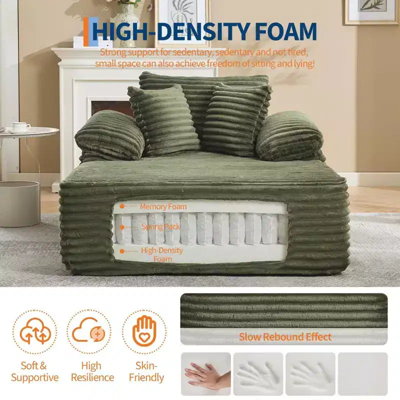 48.8 Oversized Chaise Lounge Chair Sofa Bed - Corduroy Upholstered Boneless Sofa with Pillows & Wide Armrest for Living Room Bedroom