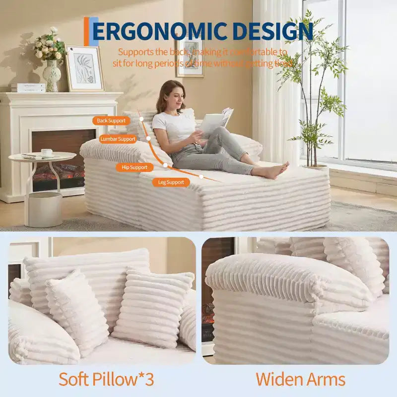 48.8 Oversized Chaise Lounge Chair Sofa Bed - Corduroy Upholstered Boneless Sofa with Pillows & Wide Armrest for Living Room Bedroom