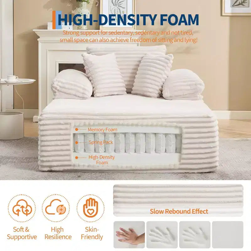 48.8 Oversized Chaise Lounge Chair Sofa Bed - Corduroy Upholstered Boneless Sofa with Pillows & Wide Armrest for Living Room Bedroom