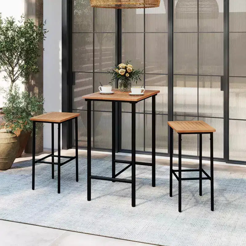 Costway 3 PCS Acacia Wood Patio Bar Set, Outdoor Bar Height with Metal Frame for Balcony