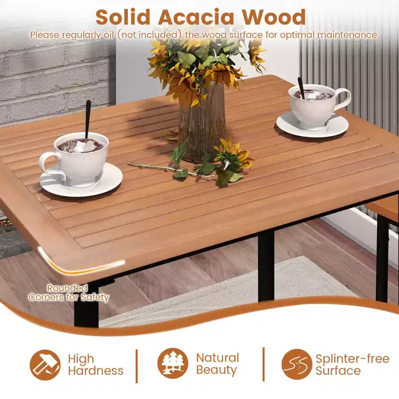 Costway Juego de Barra de Patio de 3 Piezas de Madera de Acacia, Altura de Barra para Exterior con Estructura Metálica para Balcón