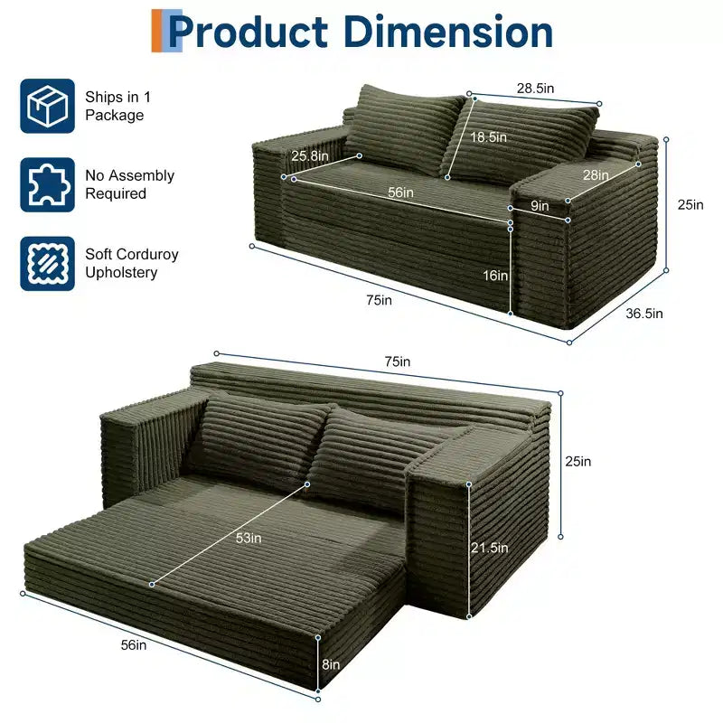 75 Convertible Sofa Bed, Boneless Couch Bed with 2 Pillow, Folding Pull Out Couch, Loveseat Sleeper Sofa, Futon Couch for Living Room, No Assembly