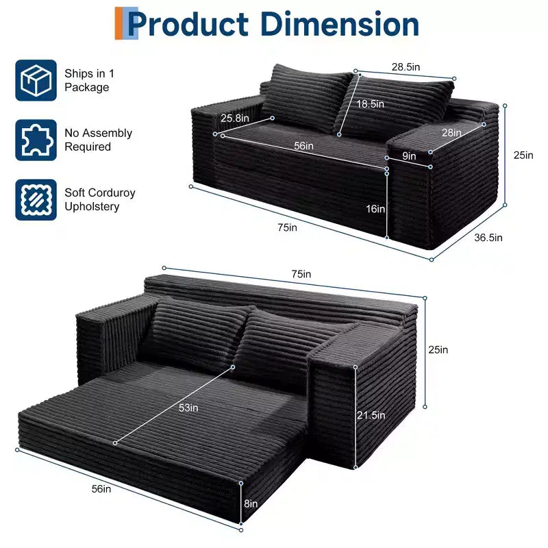 75 Convertible Sofa Bed, Boneless Couch Bed with 2 Pillow, Folding Pull Out Couch, Loveseat Sleeper Sofa, Futon Couch for Living Room, No Assembly