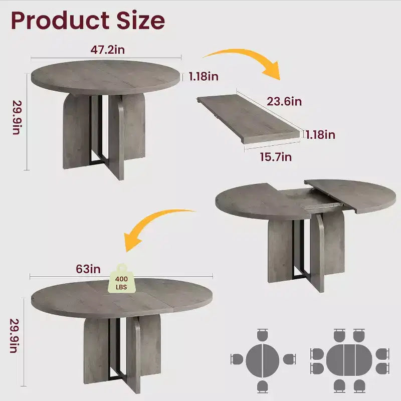 Mesa de comedor redonda extensible de 47-63 para 4-8 personas, mesa de cocina extensible de madera estilo rústico con estructura de metal, ovalada que ahorra espacio para apartamentos, gris retro