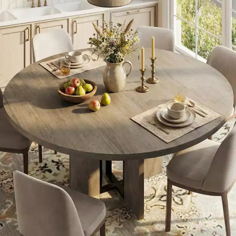 Mesa de comedor redonda extensible de 47-63 para 4-8 personas, mesa de cocina extensible de madera estilo rústico con estructura de metal, ovalada que ahorra espacio para apartamentos, gris retro