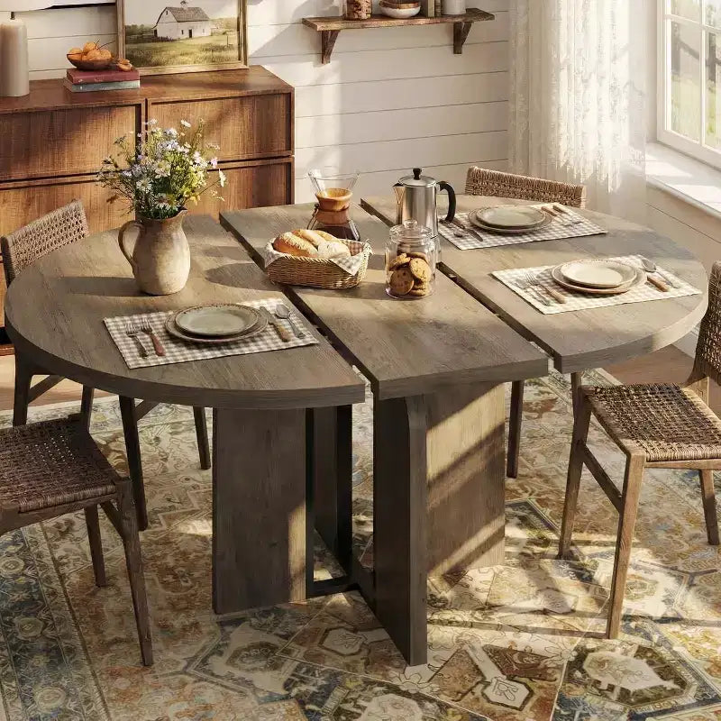 Mesa de comedor redonda extensible de 47-63 para 4-8 personas, mesa de cocina extensible de madera estilo rústico con estructura de metal, ovalada que ahorra espacio para apartamentos, gris retro