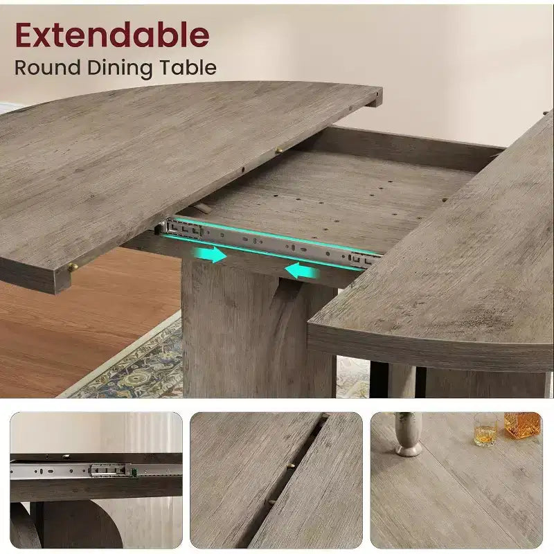 Mesa de comedor redonda extensible de 47-63 para 4-8 personas, mesa de cocina extensible de madera estilo rústico con estructura de metal, ovalada que ahorra espacio para apartamentos, gris retro
