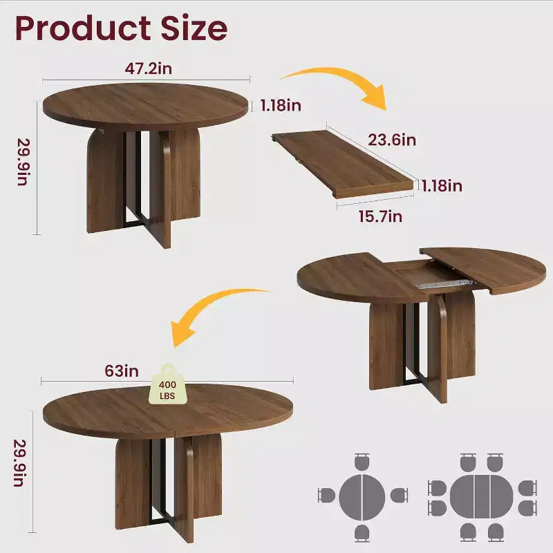 Mesa de comedor redonda extensible de 47-63 para 4-8 personas, mesa de cocina extensible de madera estilo rústico con estructura de metal, ovalada que ahorra espacio para apartamentos, gris retro